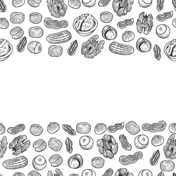 螺母无缝矢量模式 轮廓手绘插图 黑和白色食物背景 — 图库矢量图片#