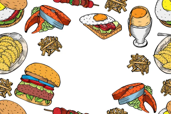 Colorato Gourmet Burgers Ingredienti Hamburger Vettoriale Illustrazione Fast Food Cornice — Vettoriale Stock