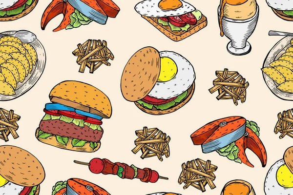 彩色美食汉堡和配料汉堡矢量插图 快餐食品 垃圾食品框架 美国食物 汉堡餐厅菜单设计元素 雕刻样式图像 — 图库矢量图片