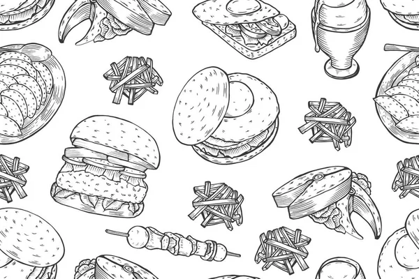彩色美食汉堡和配料汉堡矢量插图 快餐食品 垃圾食品框架 美国食物 汉堡餐厅菜单设计元素 雕刻样式图像 — 图库矢量图片#