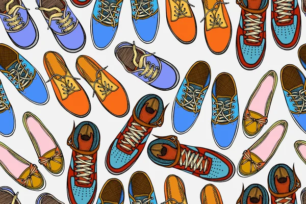 赤と青の靴とのシームレスなパターン 手を描くための半靴 — ストックベクタ