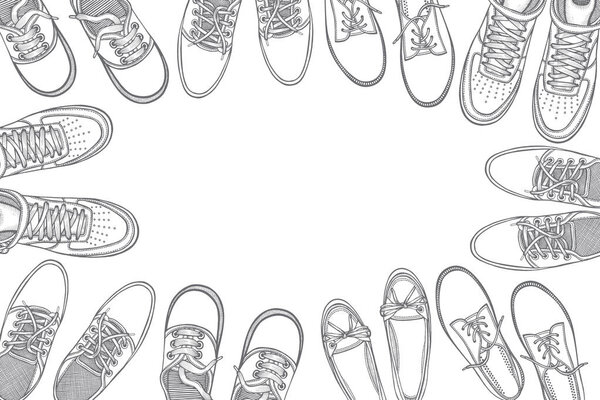 Background of many sports shoes lined up in a circle with free space for text, Hand-drawn vector illustration on a white background, in a sketch style. top view