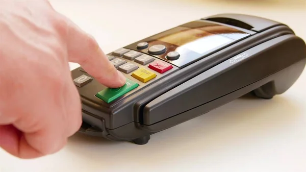 Payment Terminal Finger Entering Pin Code — Stock Photo, Image