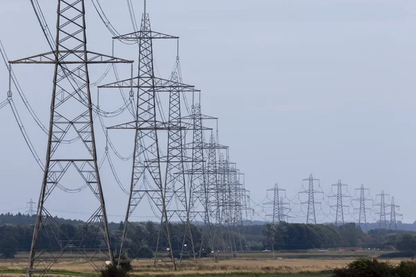 Piloni Elettrici Torri Trasmissione Che Trasportano Linee Elettriche Alta Tensione Foto Stock