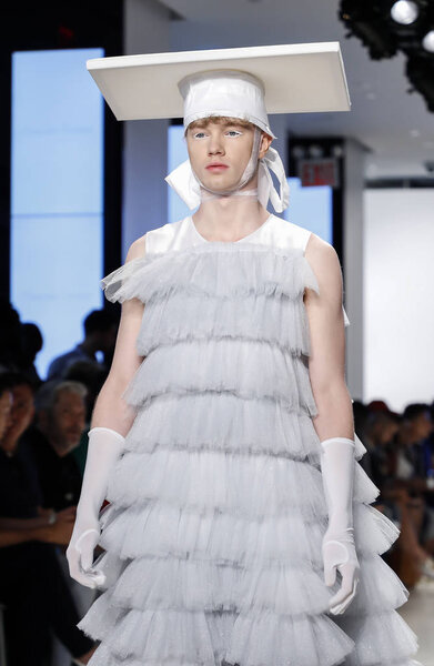New York, NY, USA - July 9, 2018: A model walks runway for Alessandro Trincone Spring/Summer 2019 runway show during NY Fashion week: Mens at Cadillac House, Manhattan