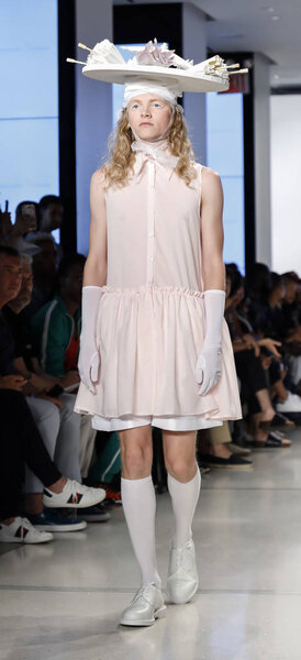 New York, NY, USA - July 9, 2018: A model walks runway for Alessandro Trincone Spring/Summer 2019 runway show during NY Fashion week: Mens at Cadillac House, Manhattan