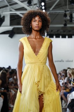 New York, ABD - 6 Eylül 2018: Bir model yürür pist Pamella Roland ilkbahar/yaz 2019 pist gösterinin Pier 59 Studios, Manhattan, New York moda haftası için