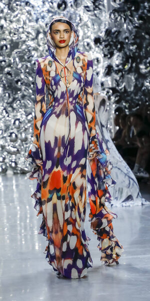 New York, NY, USA - September 11, 2018: A model walks runway for the Naeem Khan Spring/Summer 2019 runway show during New York Fashion Week at Spring Studios, Manhattan