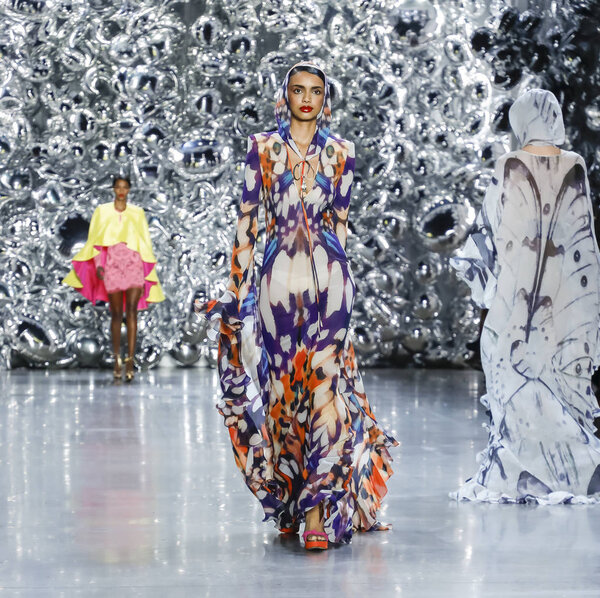 New York, NY, USA - September 11, 2018: A model walks runway for the Naeem Khan Spring/Summer 2019 runway show during New York Fashion Week at Spring Studios, Manhattan