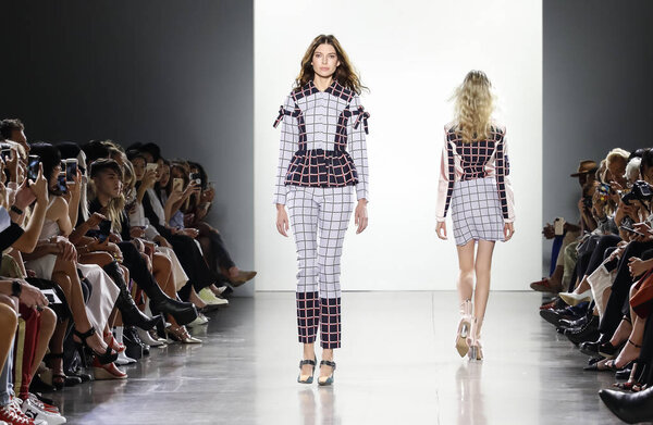 New York, USA - September 7, 2018: A model walks runway to present Vivienne Hu Spring/Summer 2019 collection during NY Fashion Week at Spring Studios, Manhattan