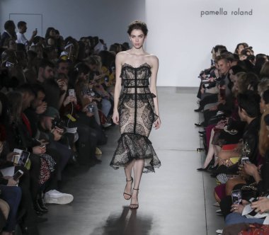 New York, Ny, Amerika Birleşik Devletleri - 7 Şubat 2019: Bir model yürür pist Pier 59 Studuos, Manhattan, New York moda haftasında Pamella Roland sonbahar/kış 2019 koleksiyonu için