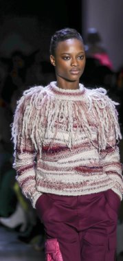 New York, Ny, Amerika Birleşik Devletleri - 10 Şubat 2019: Bir model yürür pist Prabal Gurung sonbahar/kış 2019 koleksiyonu bahar Studios, Manhattan, New York moda haftası için