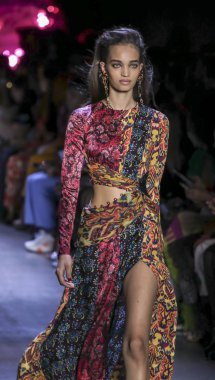 New York, Ny, Amerika Birleşik Devletleri - 10 Şubat 2019: Bir model yürür pist Prabal Gurung sonbahar/kış 2019 koleksiyonu bahar Studios, Manhattan, New York moda haftası için