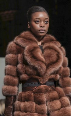 New York, Ny, Amerika Birleşik Devletleri - 11 Şubat 2019: Bir model yürür pist Dennis Basso sonbahar/kış 2019 koleksiyonu Cipriani 42nd Street, Manhattan, New York moda haftası için