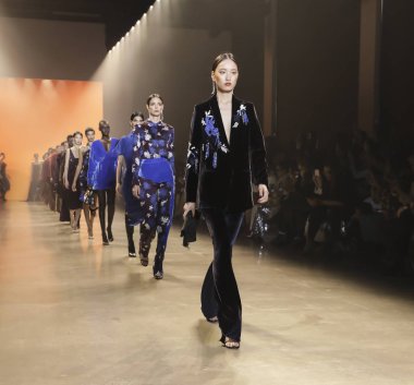 New York, Ny, Amerika Birleşik Devletleri - 8 Şubat 2019: Modelleri yürüyüş pist Cushnie sonbahar/kış 2019 koleksiyonu bahar Studios, Manhattan, New York moda sırasında için