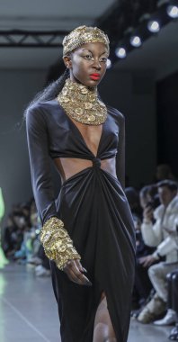 New York, Ny, Amerika Birleşik Devletleri - 12 Şubat 2019: Bir model yürür pist Hıristiyan Cowan sonbahar/kış 2019 koleksiyonu bahar Studios, Manhattan, New York moda haftası için