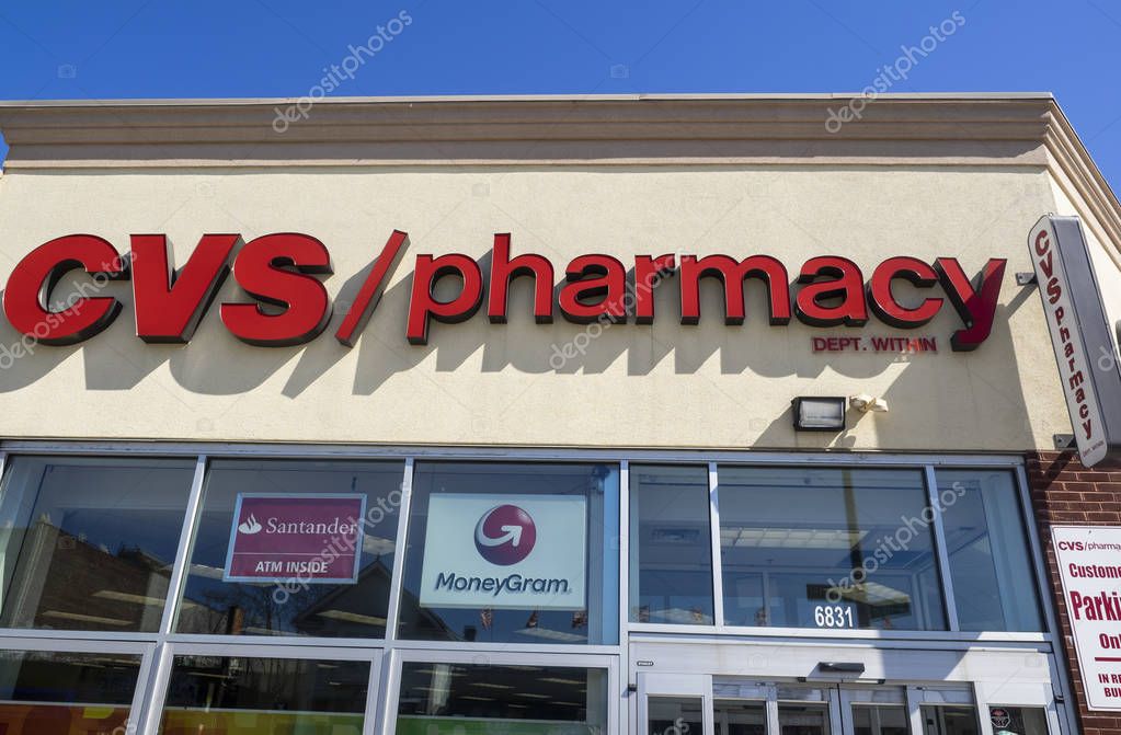New York, NY - April 16, 2019: Exterior of CVS Pharmacy building with logo, Brooklyn, NY. CVS Pharmacy is a subsidiary of the American retail and health care company CVS Health.