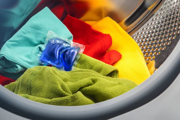 Blue Gel Caps Washing Mashine Liquid Coloured Detergent — Stock Photo, Image