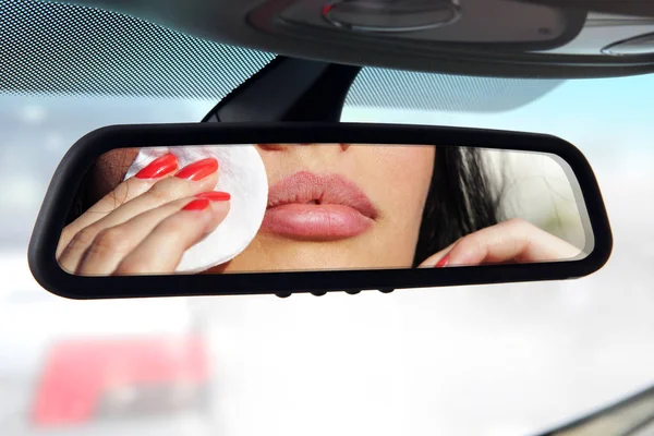 Reflection Driver Rear View Who Does Makeup Car — Stock Photo, Image