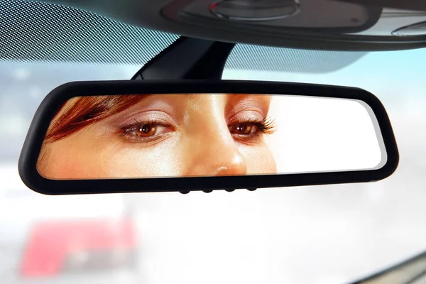 Woman Sits Driver Seat Looks Rear View Mirror — Stock Photo, Image