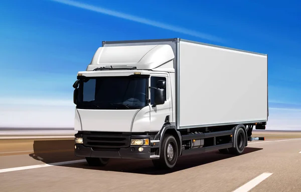 White Truck Moving Freeway Sunny Summer Day — Stock Photo, Image