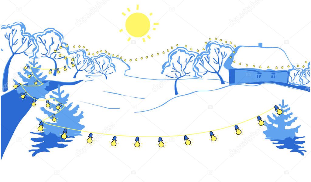 Illustration of rural areas in the sunny winter day, Christmas holiday