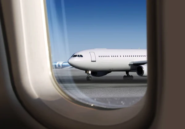 Άποψη Του Αεροπλάνου Στο Διάδρομο Μέσα Από Παράθυρο Αεροδρόμιο Εικόνα Αρχείου
