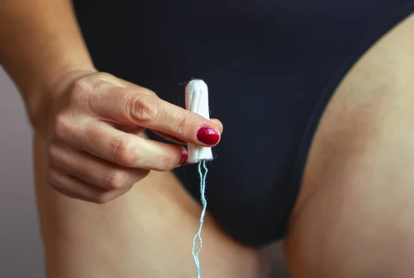Tampon Hand Woman Use Periods — Stock Photo, Image