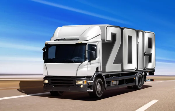 Camion Bianco Come Anno Arrivo 2019 Movimento Strada — Foto Stock