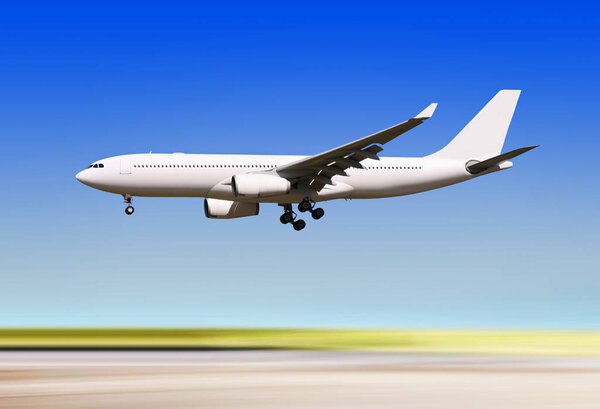 big passenger airplane is landing to runway of airport