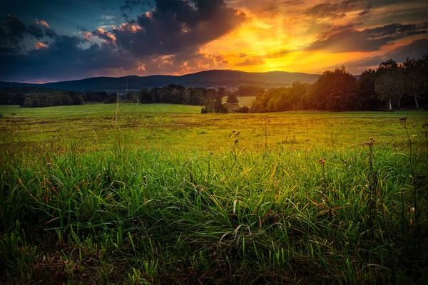 Paesaggio Tramonto Con Cielo Rosso Prato Verde — Foto Stock