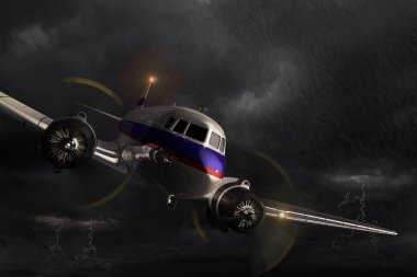 Airplane Douglas DC-3, danger and dramatic situation in the dark thunderstorm. 3D render illustration. clipart