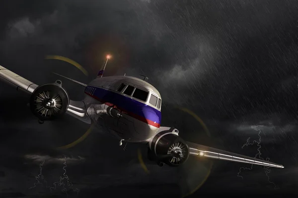 Airplane Douglas Danger Dramatic Situation Dark Thunderstorm Render Illustration — Stock Photo, Image