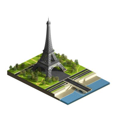 Arazi üzerinde beyaz izole Eyfel Kulesi. Champs de Mars. İzometrik görünümü. 3D render illüstrasyon.