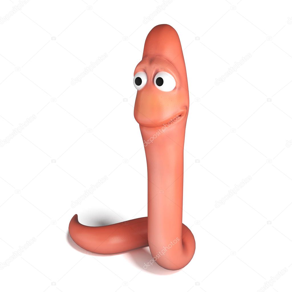 Smiling earthworm or pink worm isolated on the white background.