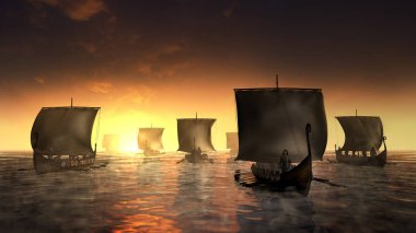 Vikingler gemilerde sisli su. Puslu sabah güneşin doğuşunu tarafından. 3D render illüstrasyon.