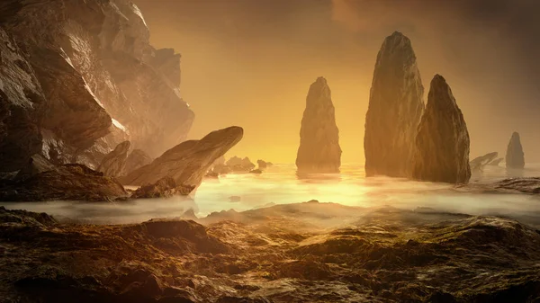 Fantezi Manzara Rock Cliff Sisli Deniz Taşlarla Gizemli Sahne Render — Stok fotoğraf