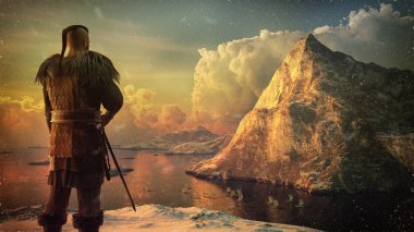 Viking warrior on the high cliff watches the ships on the sea. 3D render illustration with snow, mountain and sea. clipart