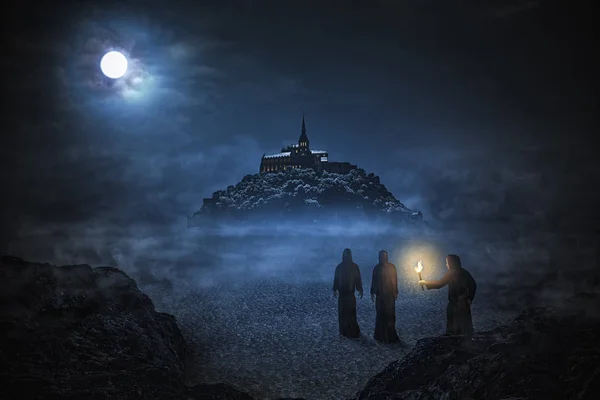 Three Monks Going Abbey Mont Saint Michel Night Sky Big — Stock Photo, Image