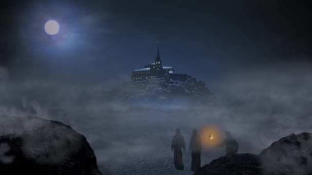 Tři mniši se chystají opatství Mont Saint Michel pod noční oblohou s úplnkem. 3D temná hmota.