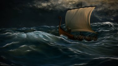 Fırtınada Viking gemisi. Dalgalı okyanusta, engebeli karanlık gökyüzünün altında..