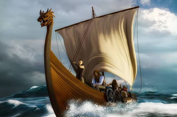 Viking Hajó Nyílt Tengeren Drakkar Hullámos Óceánban Jelenet Digitális Festészettel — Stock Fotó