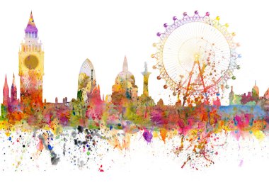 Londra manzarası - sulu boya lekeleri illüstrasyon soyut ve fırça darbeleri