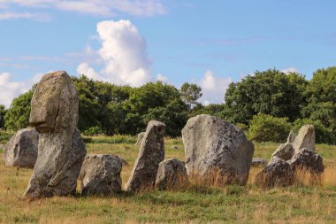 Kermario 'nun hizaları, ayakta duran taşlar - menhirs, dünyanın en büyük megalitik alanı, Carnac, Brittany, Fransa