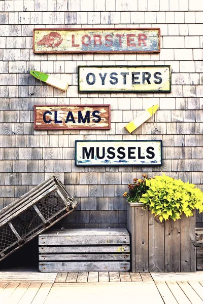Old Signs Fishing Floats Wooden Shingle Wall — Stock Photo, Image