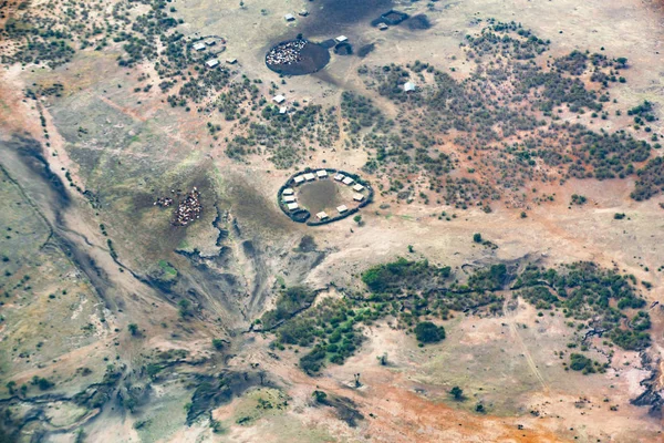 Aerial View Traditional Maasai Village Kenya Showing Circular Enclosure Dwellings — Stock Photo, Image