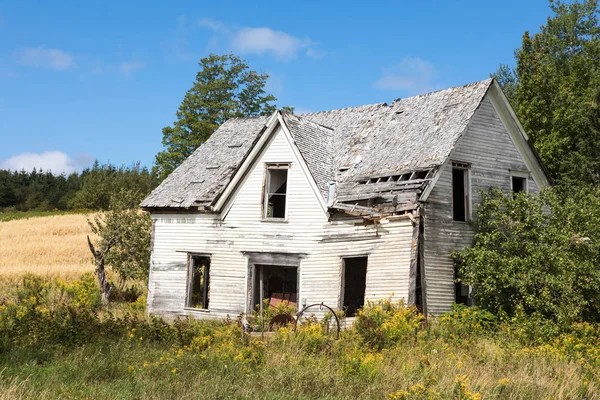 Moradia Abandonada New Brunswick Canadá Vista Frontal Angular Com Prado — Fotografia de Stock