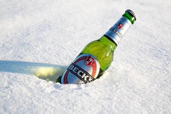 Монреаль Січня 2015 Пляшку Пива Бекс Охолоджує Снігу Взимку Beck — стокове фото