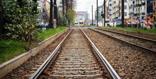 Enfoque Selectivo Largo Las Vías Del Tranvía Con Tranvías Distancia —  Fotos de Stock