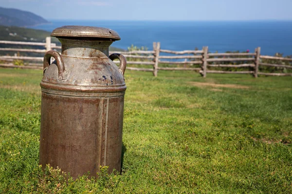 Oude Roestige Melkbus Een Veld Met Rustieke Houten Hek Zee — Stockfoto